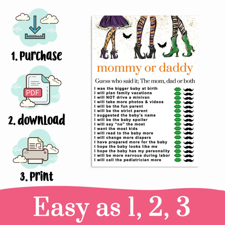 Witchy fun mommy or daddy baby shower game halloween gender reveal printable pdf - party games