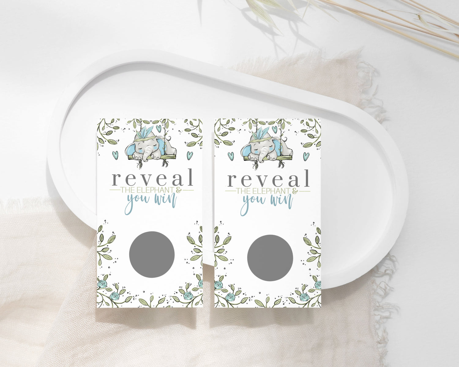 Welcome your little one with our serene greenery and elephant baby shower theme in soothing blue. Our collection includes elegant invitations, heartfelt thank you cards, and delightful games, perfect for celebrating your boy’s upcoming arrival.