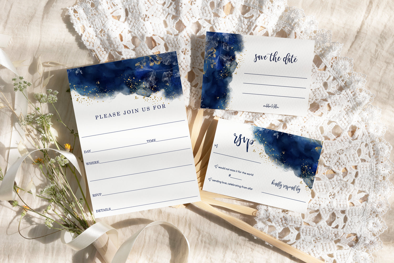 Indulge in sophistication with our Navy & Gold Watercolor Floral Theme—ideal for weddings and bridal events, complete with elegant stationery and games.
