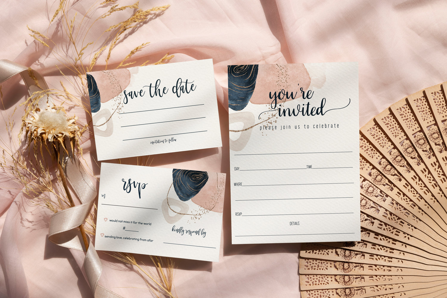 Elevate your wedding day with our modern watercolor abstract party supplies, featuring a sophisticated palette of navy, gold, and blush hues.