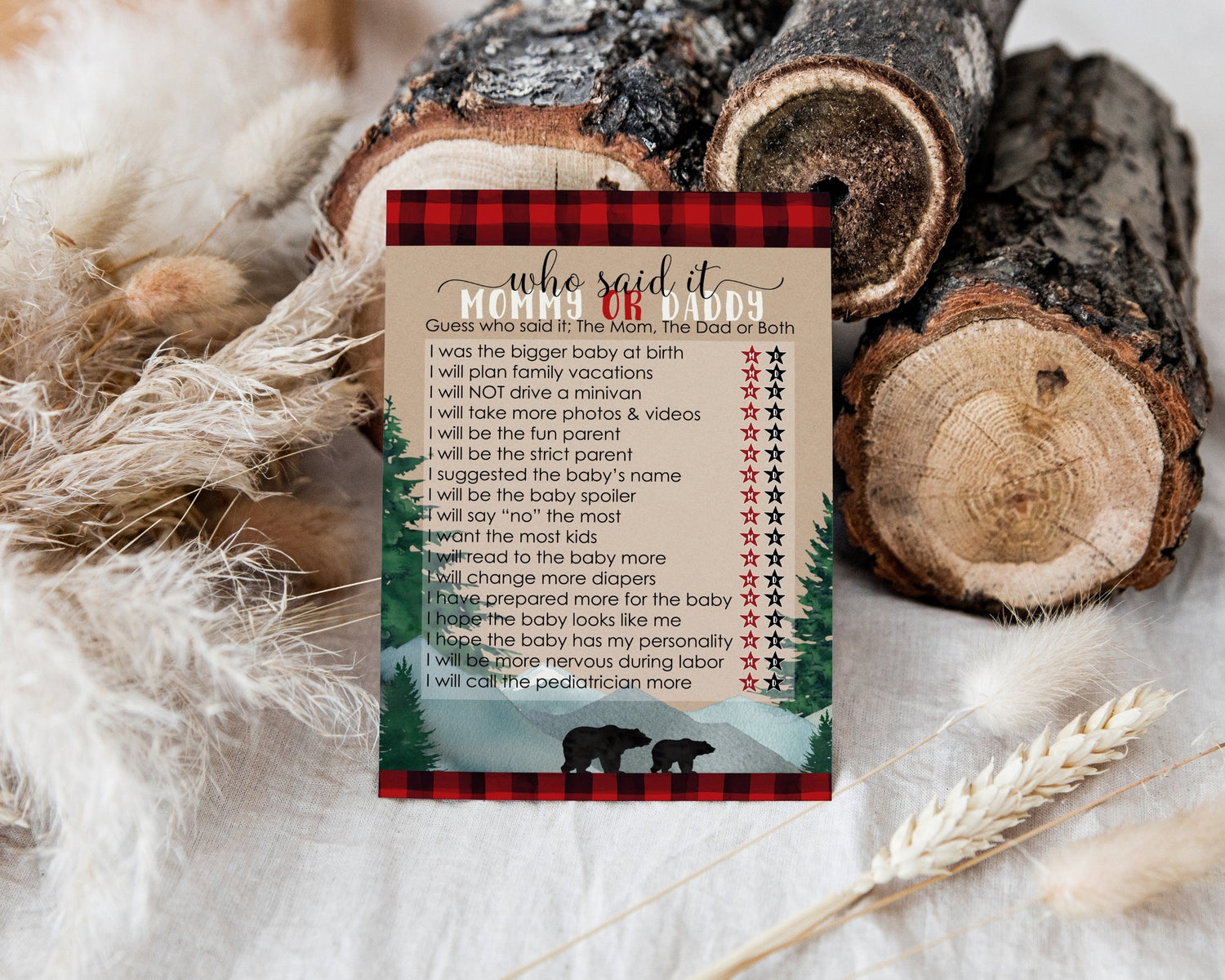 Welcome your little cub with our lumberjack baby shower theme, featuring cozy rustic red and black plaid designs. Our suite includes charming invitations, thank you cards, and games, all crafted to create warm memories for your woodland celebration.