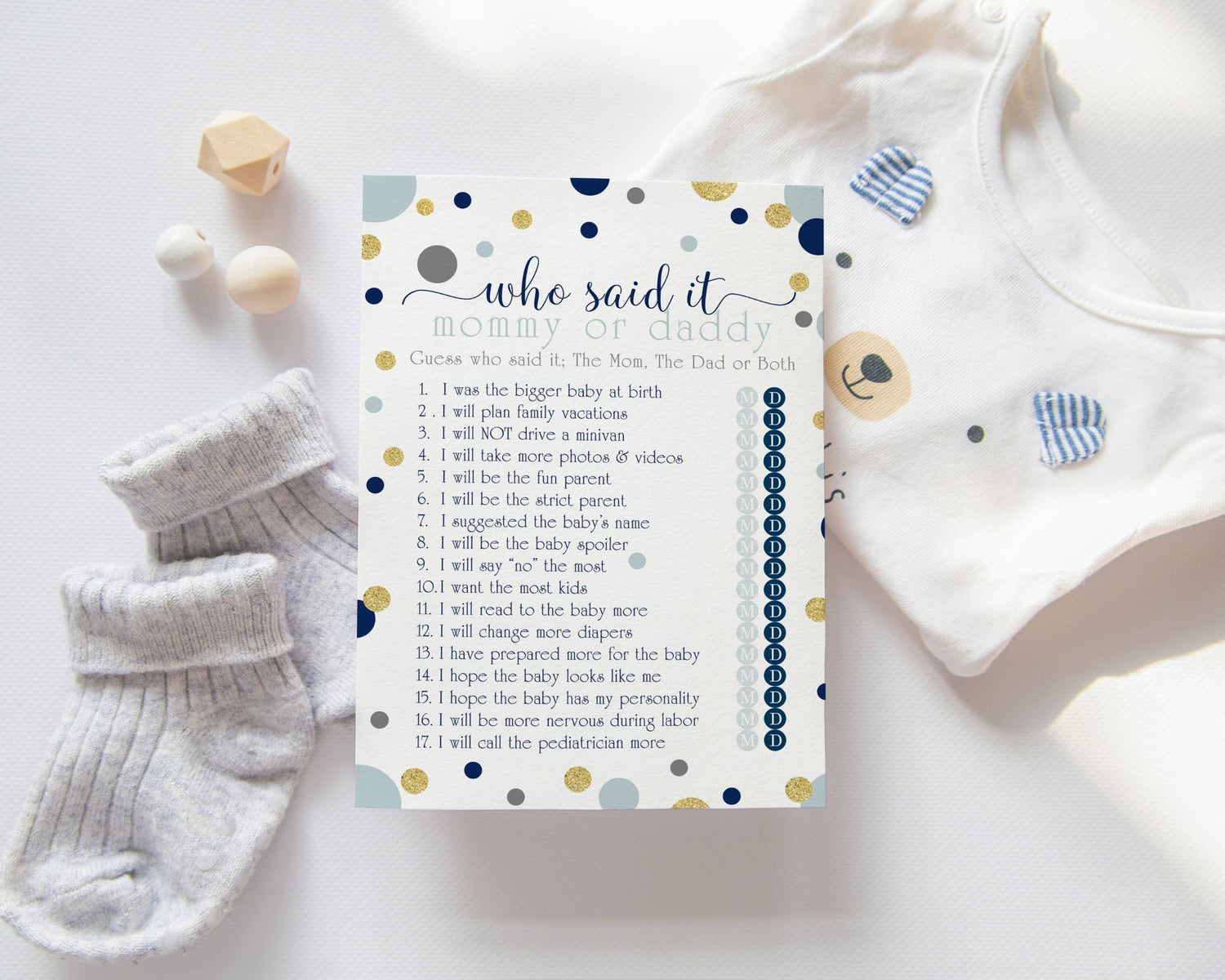Sail into a chic celebration with our navy blue and gold baby shower theme, featuring modern abstract dots. Discover elegant invitations, heartfelt thank you cards, and playful games to make your event a sophisticated affair.