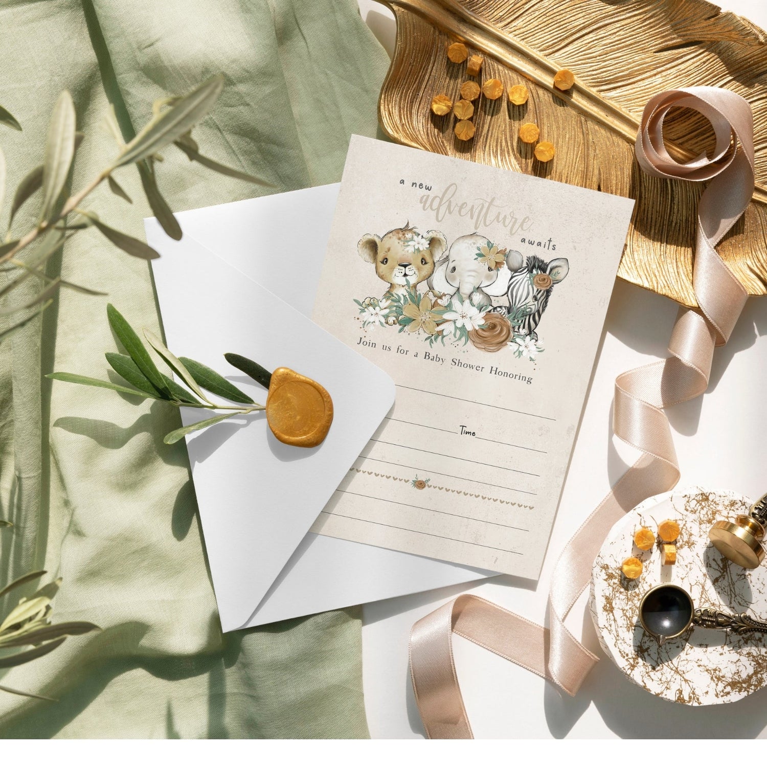 Step into a lush flora jungle with our exquisite baby shower theme, featuring bronze and gold floral designs. Browse our collection of elegant invitations, heartfelt thank you cards, and entertaining games to celebrate your special event in style.