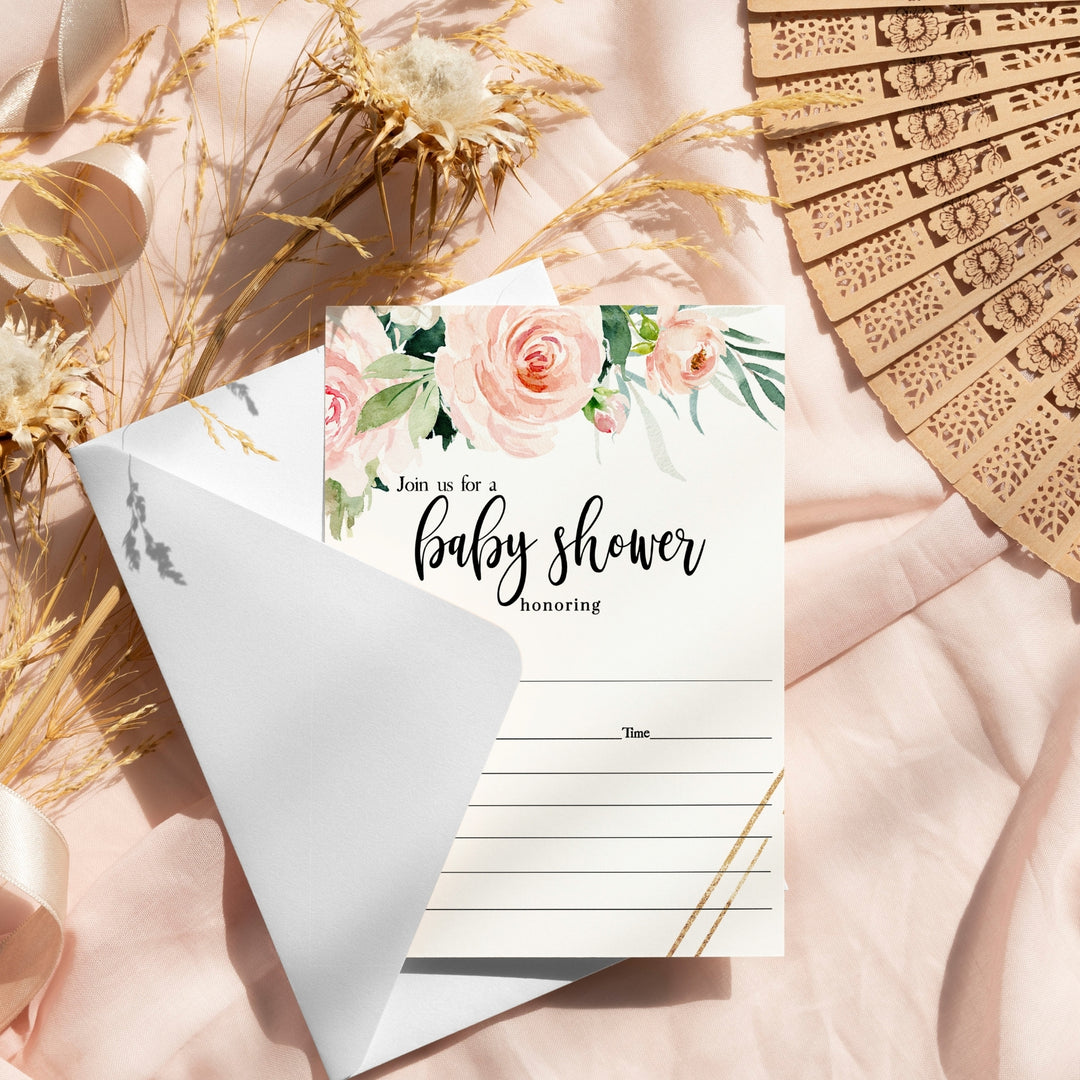 Delight in the elegance of our graceful floral baby shower theme, adorned with blush and gold rustic details. Explore our curated selection of invitations, thank you cards, and games to add a touch of sophistication to your celebration.