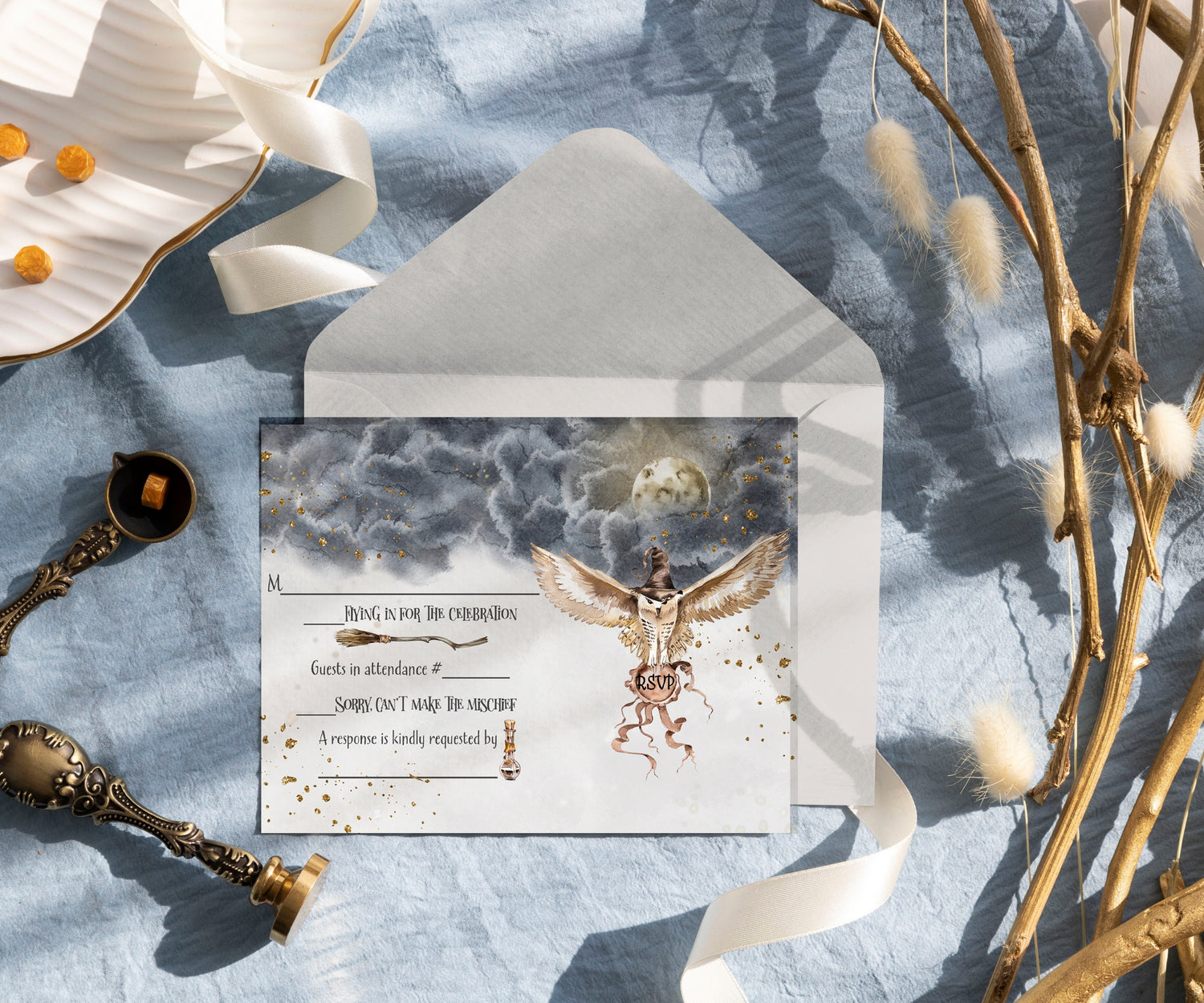 Enchant your guests with our Owl & Wizard Themed Party Supplies—magical black and gold invitations, cards, and games for a spellbinding wedding or bridal event.