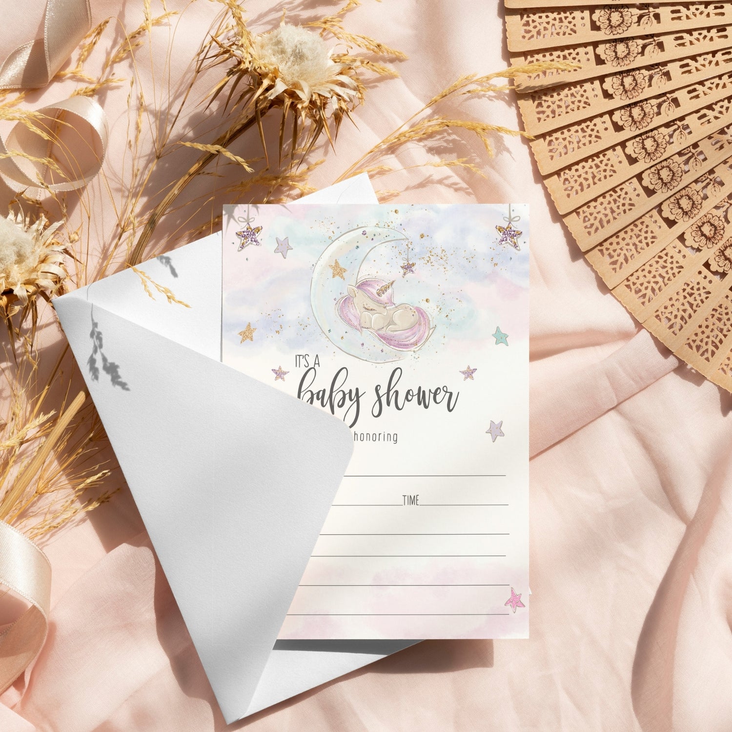 Enter a world of magic with our whimsical unicorn baby shower theme, adorned with rainbow stars and pastel hues of lilac, gold, and pink. Our enchanting collection includes invitations, thank you cards, and games, perfect for a fairytale celebration.