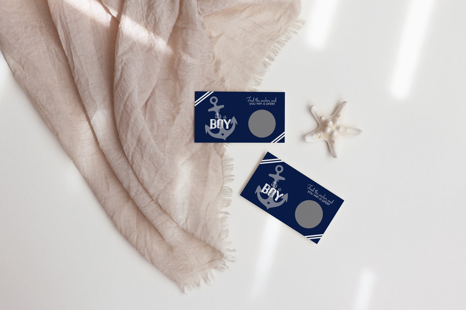 Set sail for celebration with our ‘Ahoy Baby Boy’ nautical baby shower theme. Dive into our treasure trove of navy blue and white anchor-themed invitations, thank you cards, and games, crafted for a sea of memories.