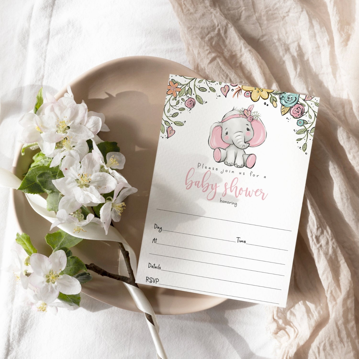 Discover the perfect blend of charm and whimsy with our Cute Rustic Floral and Pink Elephant Baby Shower Party Supplies