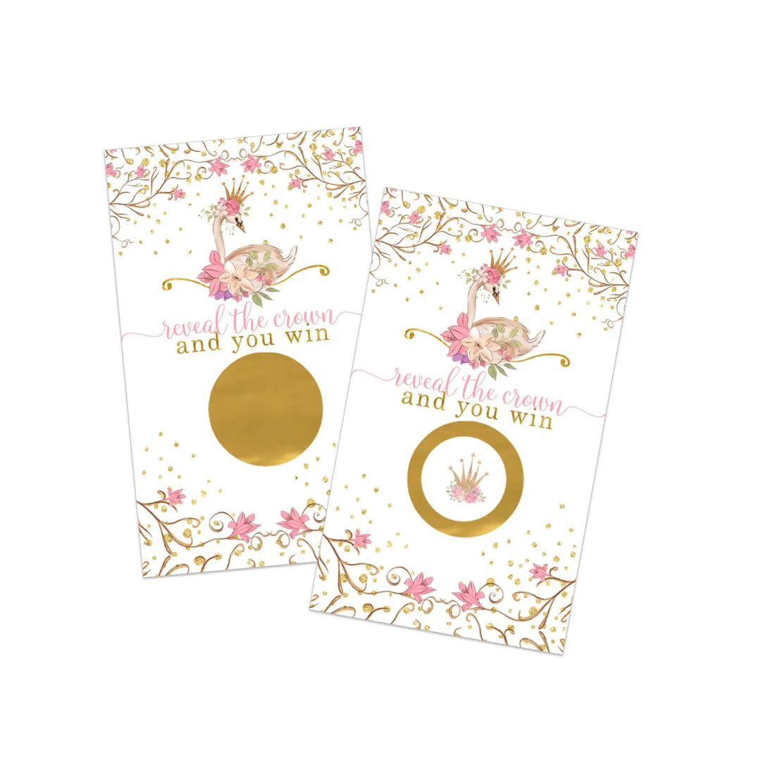 Swan Princess Baby Shower Games for Girl - 30 Cards - Fun Scratch Off Game Guest Activities to Reveal Prizes Favors Ideas Enchanting Theme Pink and Gold