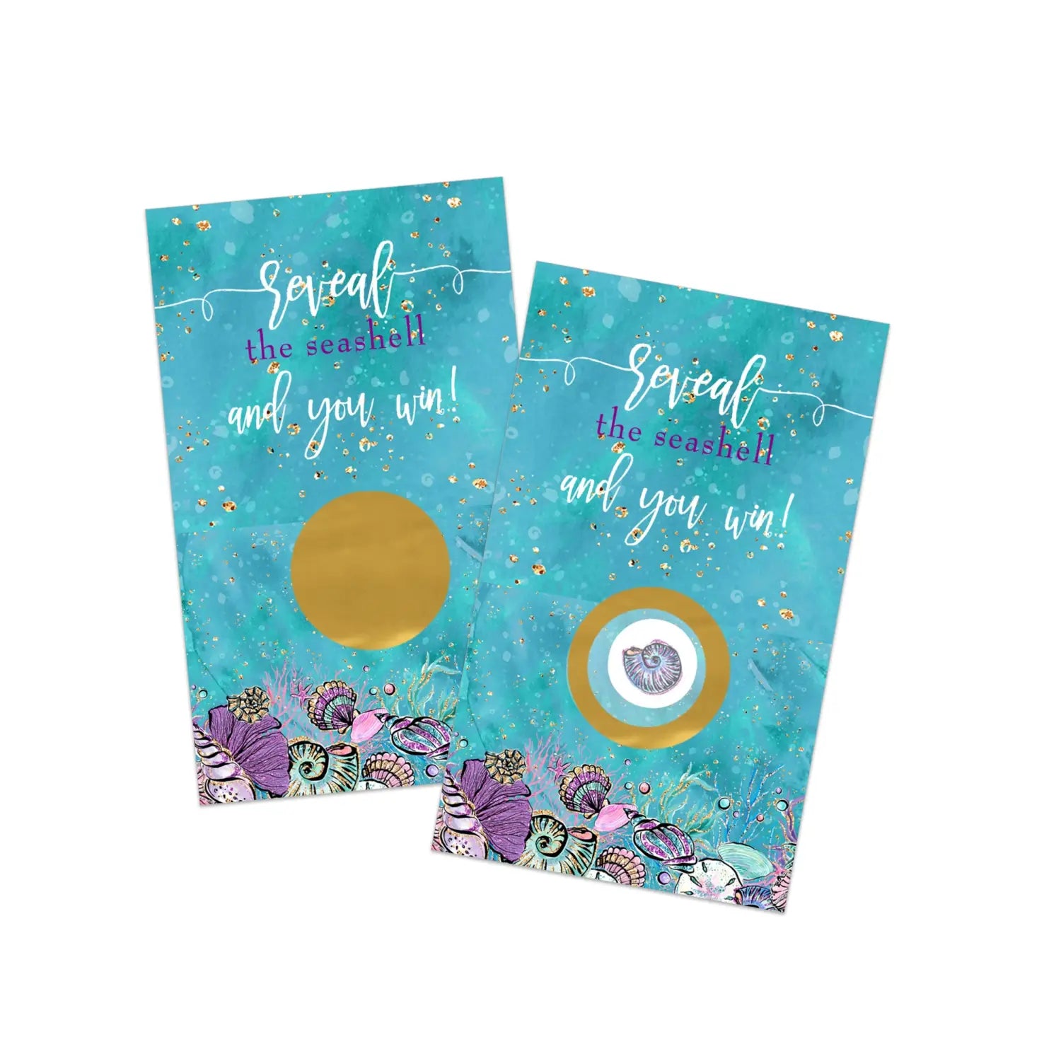 Enchanting seashells scratch off game cards (28 pack) wedding showers retirement purple and gold - party games