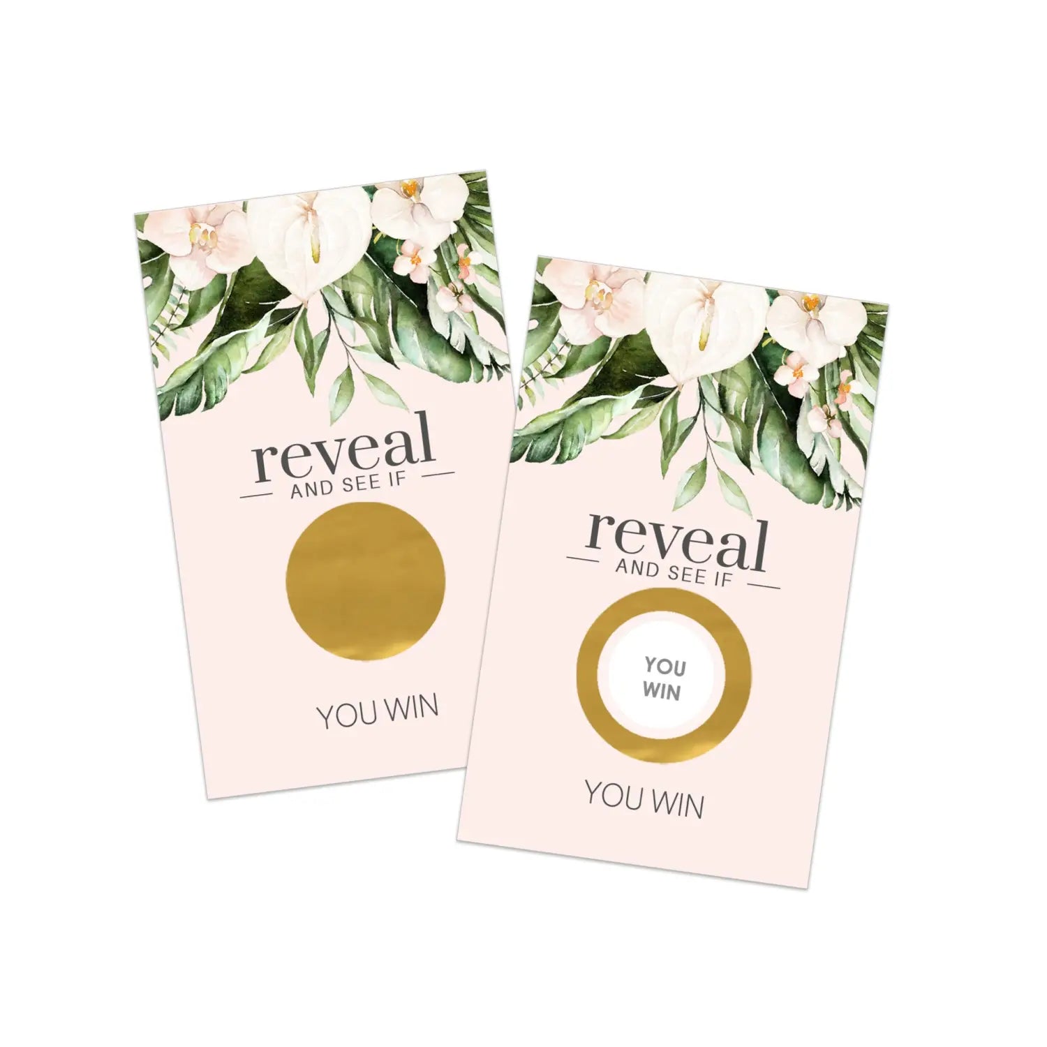 Pink & gold tropical floral bridal shower scratch-off raffle cards - 30 pack engagement party game - games