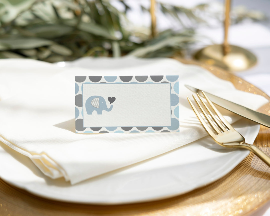 Blue & Grey Elephant Place Cards (25-Pack) - Paper Clever Party