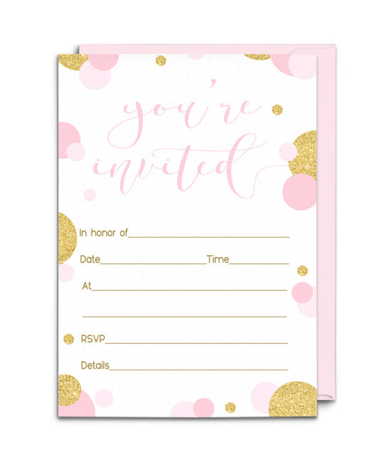 Pink and Gold Abstract Dot Invitations - Girls 4x6 Cards (15 Pack)