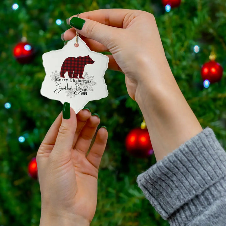 Ceramic ornaments brother bear red and black lumberjack christmas decoration set rustic holiday tree decor personalized