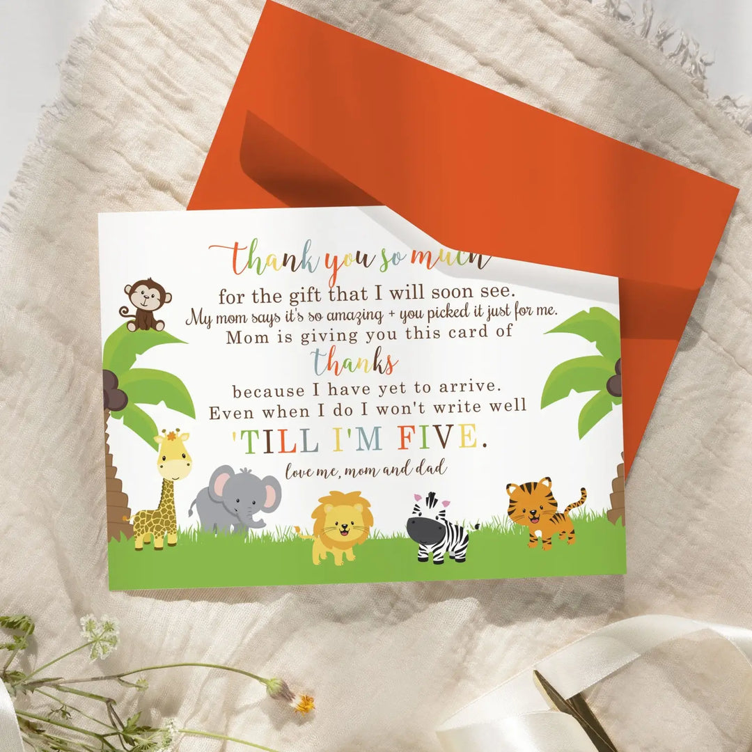 Cute Jungle Baby Shower Thank You Cards - Unisex (15 Pack) with Orange Envelopes, 4x6