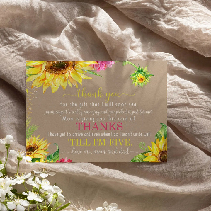 Sunflower Baby Shower Thank You Cards - Rustic Neutral (15 Pack) with Pink Envelopes, 4x6