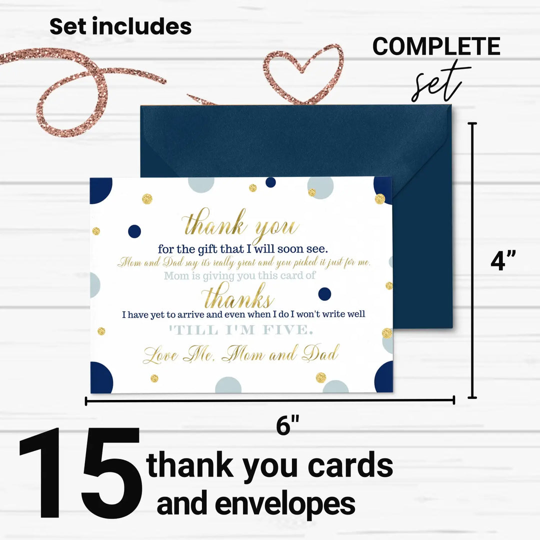 Navy and Gold Boys Baby Shower Thank You Cards - Sophisticated (15 Pack) with Blue Envelopes, 4x6