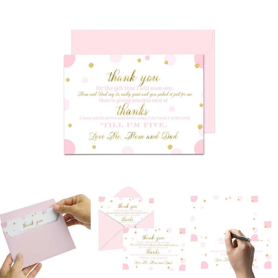 Pink and Gold Girls Baby Shower Thank You Cards - 15 Pack Luxurious Notecards, 4x6 - Paper Clever Party