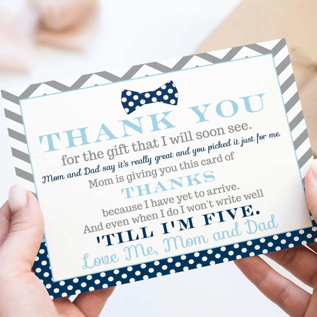 Bow Tie Boys Baby Shower Thank You Cards - 15 Pack Elegant Notecards with Gray Envelopes, 4x6