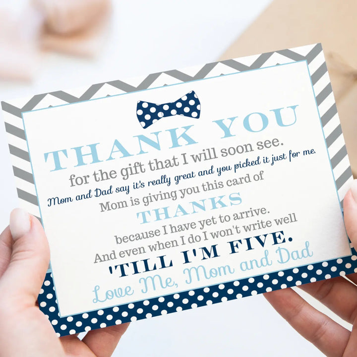 Bow Tie Boys Baby Shower Thank You Cards - 15 Pack Elegant Notecards with Gray Envelopes, 4x6