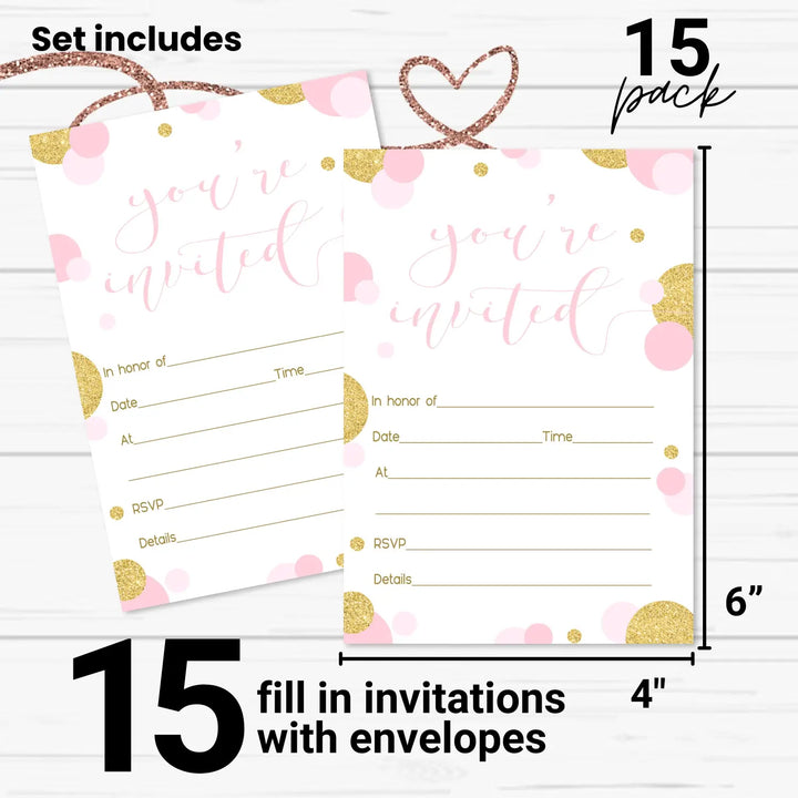 Pink and Gold Invitations with Envelopes (15 Pack)