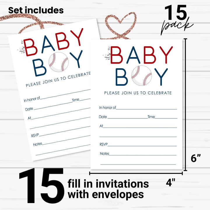 Baseball Baby Shower Invitations with Envelopes (15 Pack)