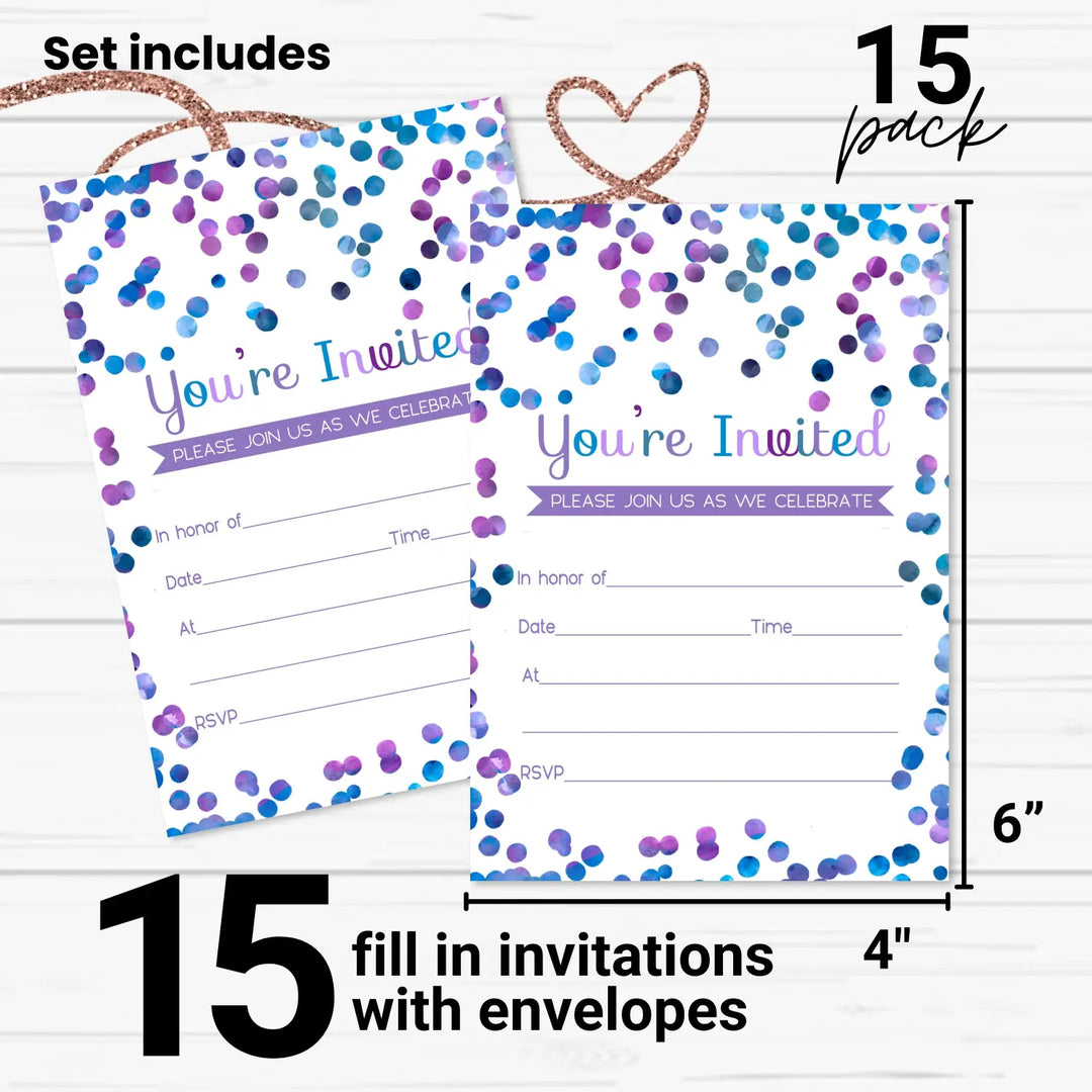 Purple Confetti Invitations with Envelopes (15 Pack)