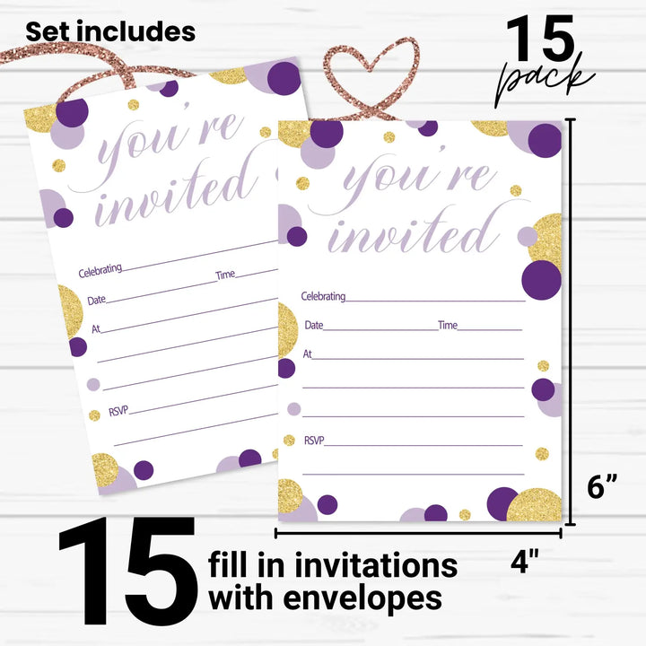 Purple and Gold Invitations with Envelopes (15 Pack)