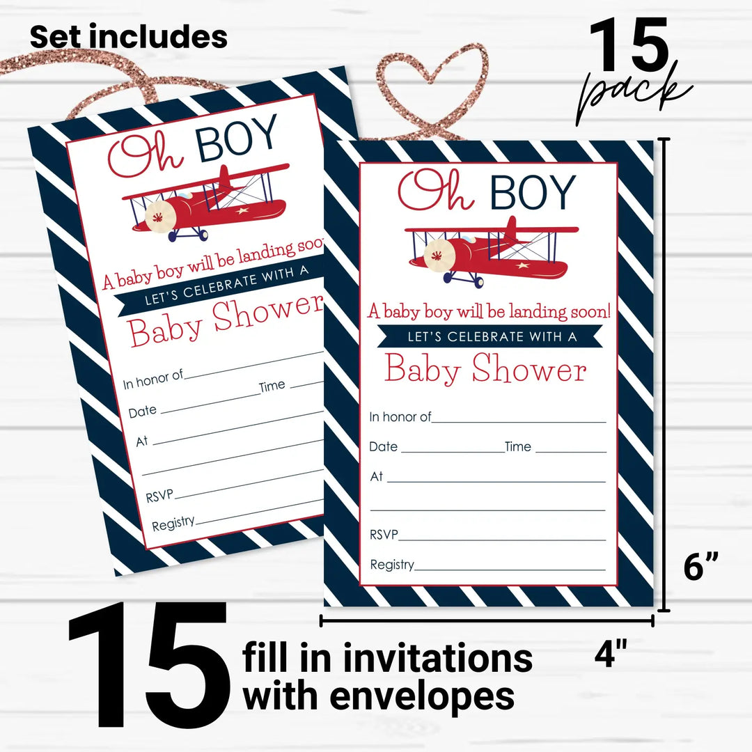 Airplane Baby Shower Invitations with Envelopes (15 Pack)