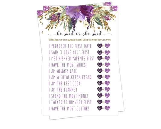 Rustic Lilac He or She Said Bridal Shower Game - Funny Couple’s Wedding Activity, Purple and Gold, 25 Pack