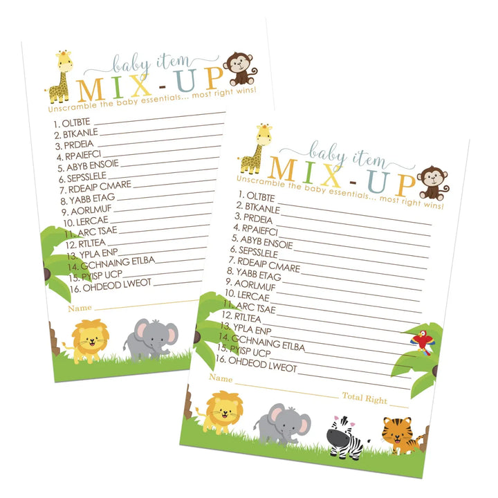 Cute Jungle Animal Baby Shower Word Scramble - 25 Cards, Unscramble Gender Reveal Games for Guests, Safari Theme Decorations