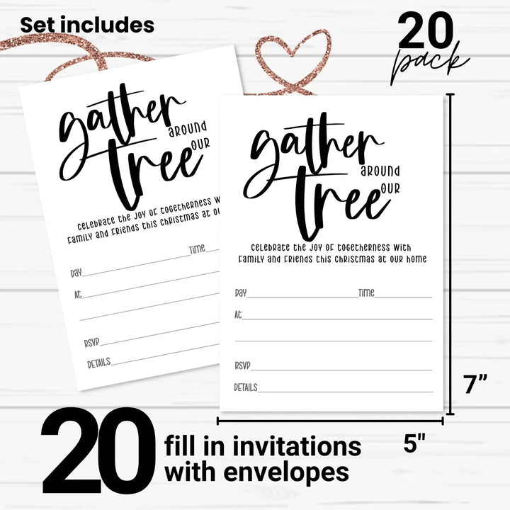 Elegant Black & White Christmas Tree Invitations - “Gather Around Our Tree” - 20 Pack