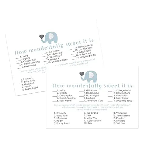 25-card blue elephant baby shower candy guessing game - jungle safari prince theme - party games