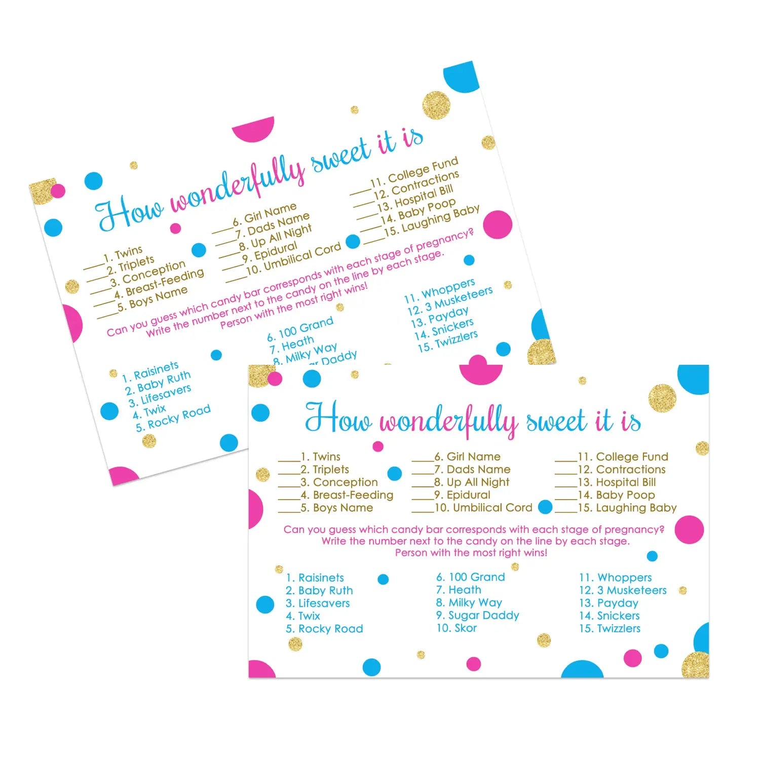 25-card gender reveal candy guessing game - baby shower match cards - sprinkle activity - party games