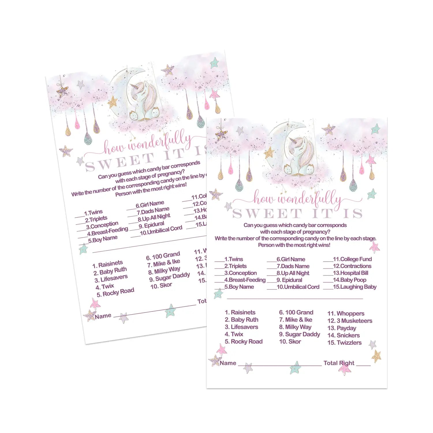 25-count unicorn baby shower candy guessing game cards by paper clever party - star moon rainbow designs - 4x6 - games