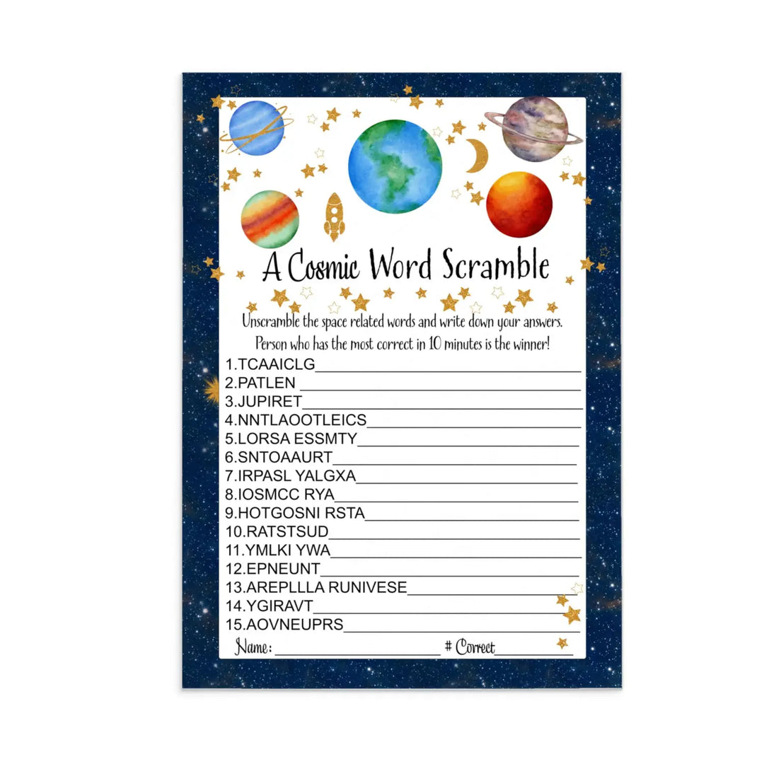 25-Pack Cosmic Baby Shower Word Scramble Game - Celestial Theme, Educational Space Fun, 5x7 - Paper Clever Party