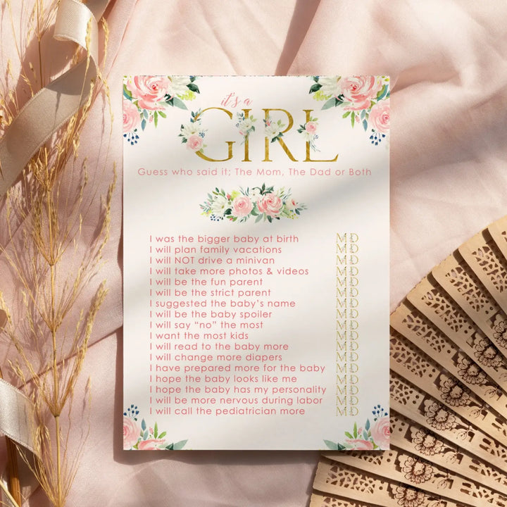 25-Pack Oh Girl Baby Shower Word Scramble Game Cards - Rustic Flower Theme with Blush Gold Accents - Paper Clever Party