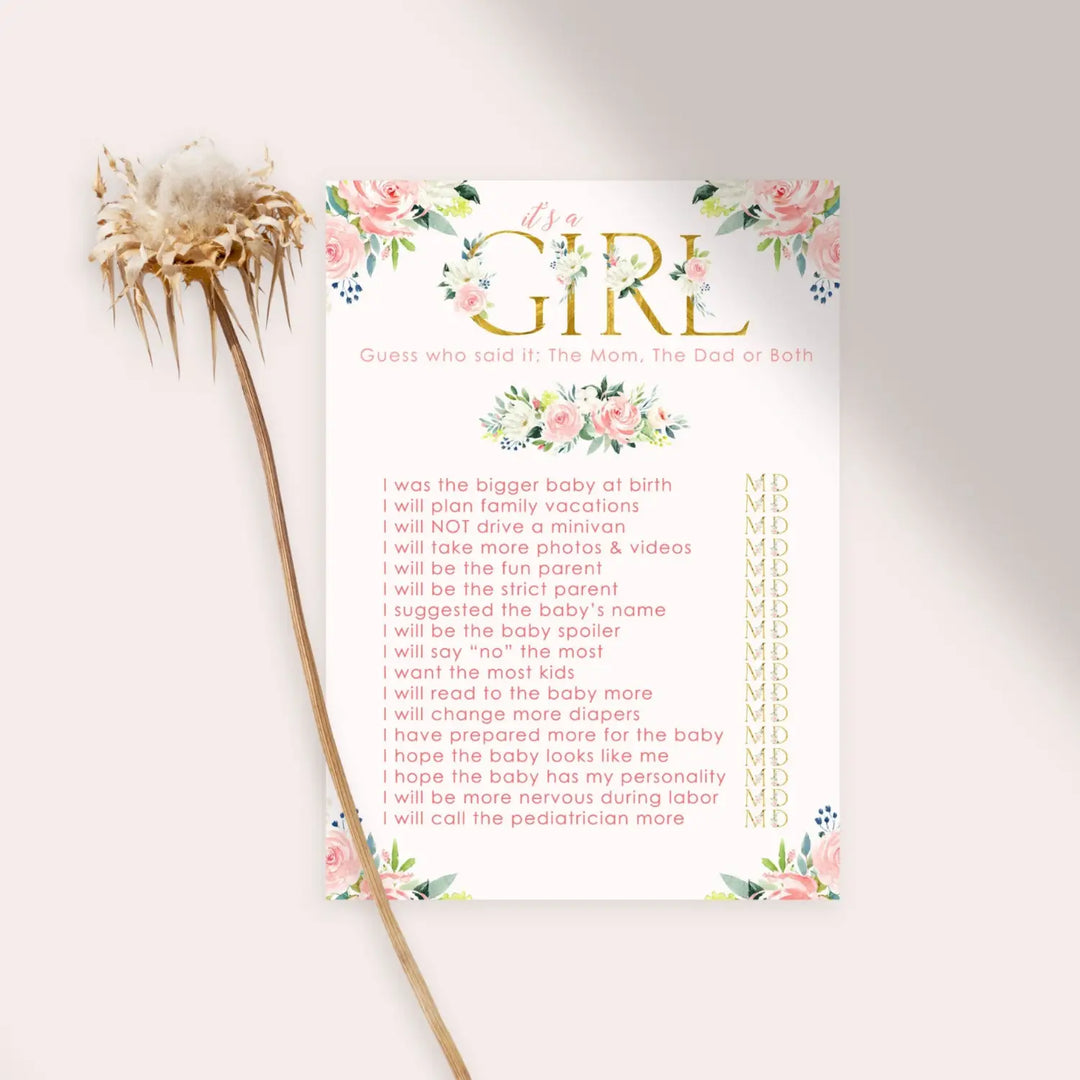 25-Pack Oh Girl Baby Shower Word Scramble Game Cards - Rustic Flower Theme with Blush Gold Accents - Paper Clever Party