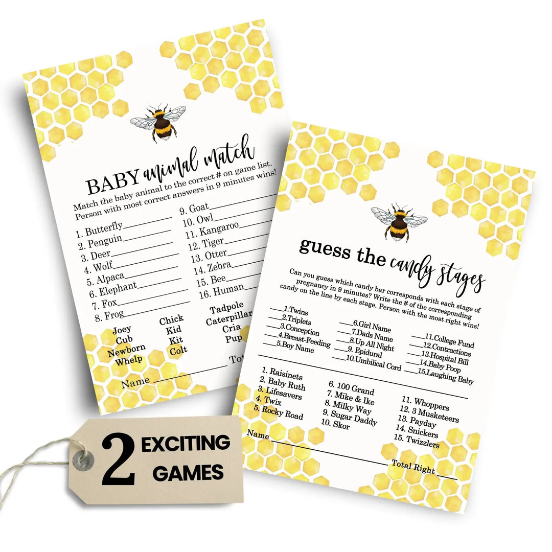 Mama Bee Baby Shower Game Set with Animal Match and Candy Bar Guessing, Yellow & Black, 5x7 Cards (25 ct)