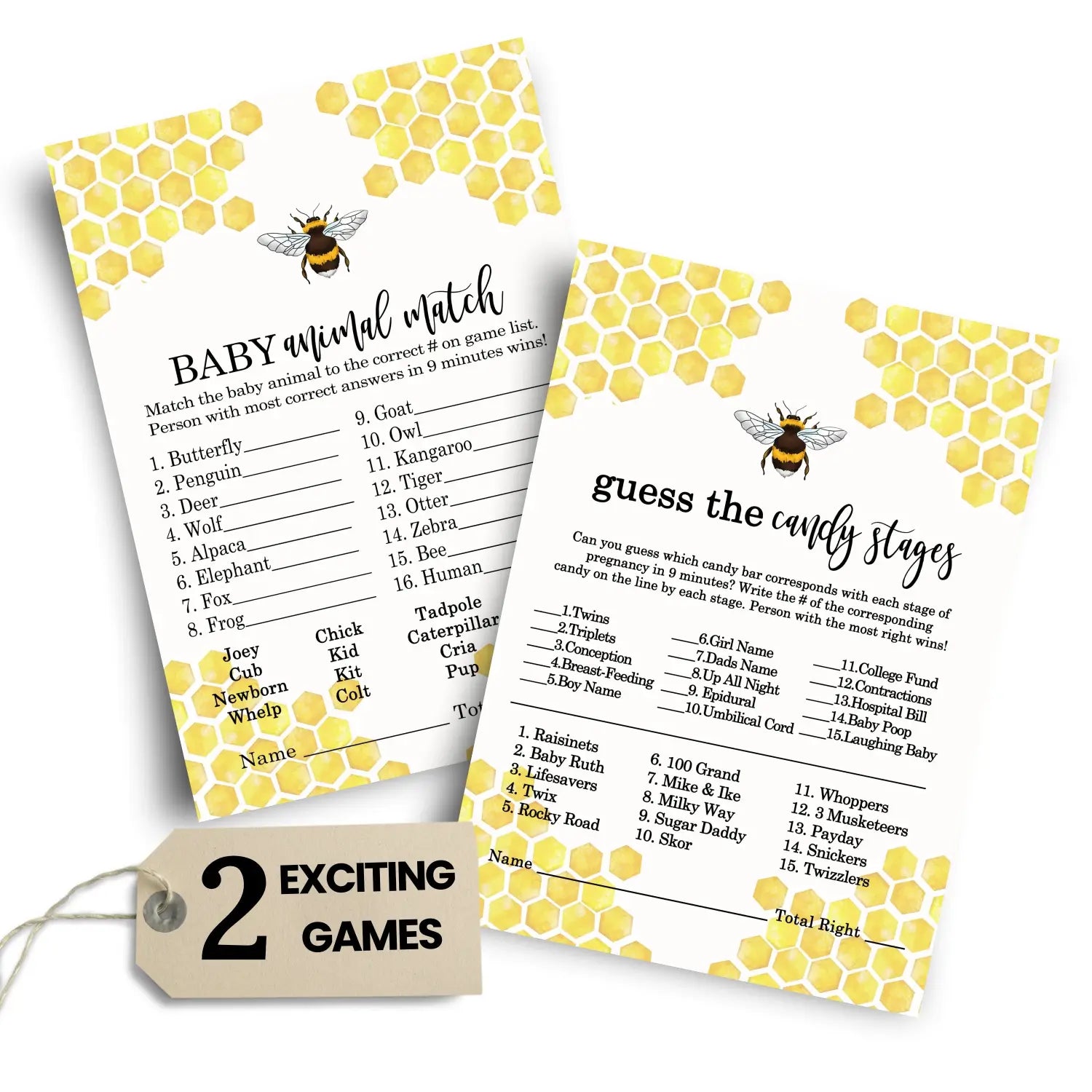 Mama bee baby shower game set with animal match and candy bar guessing yellow & black 5x7 cards (25 ct) - party games