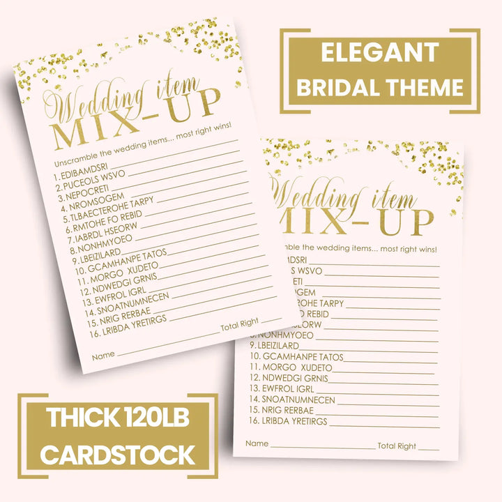 Pink and Gold Bridal Shower Games - 25 Cards - Wedding Word Scramble Game Fun Guess Activity for Guests Engagement Party, Rehearsal Dinner, Modern Confetti Design