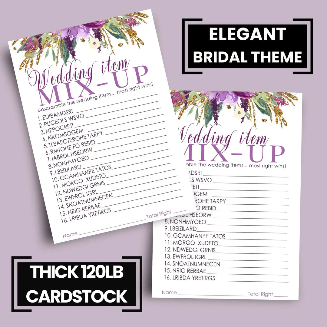 Paper Clever Party Purple Floral Bridal Shower Games - 25 Cards - Wedding Word Scramble Game Fun Guess Activity for Guests Engagement Party, Rehearsal Dinner, Rustic