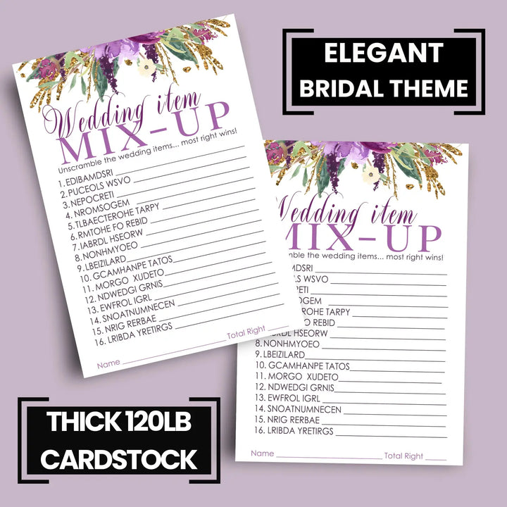 Paper Clever Party Purple Floral Bridal Shower Games - 25 Cards - Wedding Word Scramble Game Fun Guess Activity for Guests Engagement Party, Rehearsal Dinner, Rustic