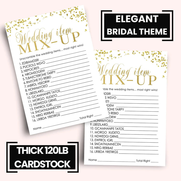 Black and Gold Bridal Shower Games - 25 Cards - Wedding Word Scramble Game Fun Guess Activity for Guests Engagement Party, Rehearsal Dinner, Modern Design Abstract