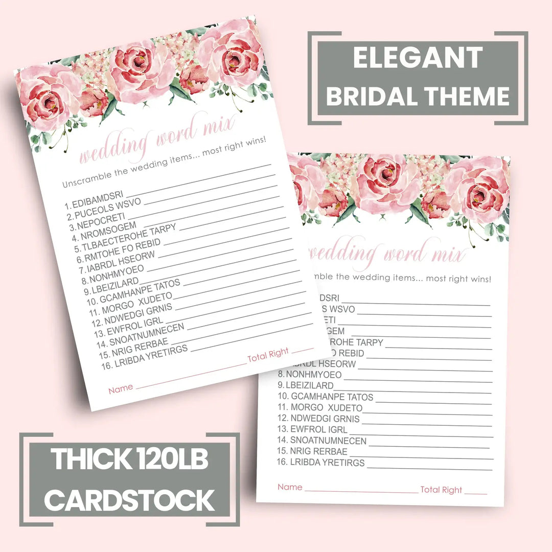 Charming Floral Floral Bridal Shower Games - 25 Cards - Wedding Word Scramble Game Fun Guess Activity for Guests Engagement Party, Rehearsal Dinner, Pink Greenery Design