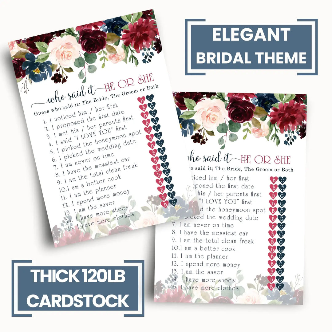 Blue Floral Bridal Shower Games - 25 Cards - He Said She Said Bridal Shower Game, What Did the Bride and Groom Say Guess Who Wedding Activity - Engagement, Rehearsal Dinner, Rustic Burgundy Design