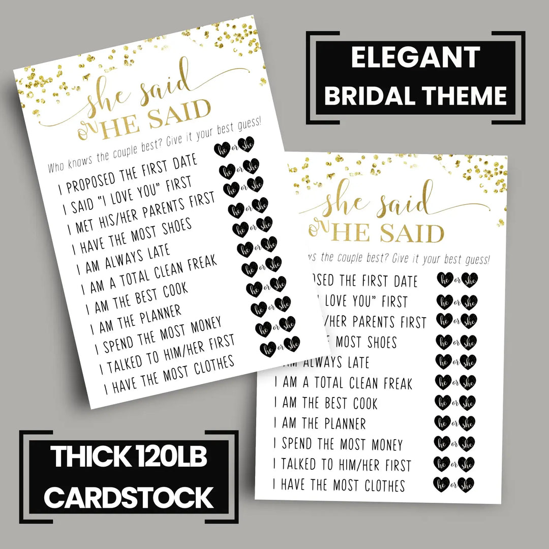 Black and Gold Bridal Shower Games - 25 Cards - He Said She Said Bridal Shower Game, What Did the Bride and Groom Say Guess Who Wedding Activity - Engagement, Rehearsal Dinner, Modern Design