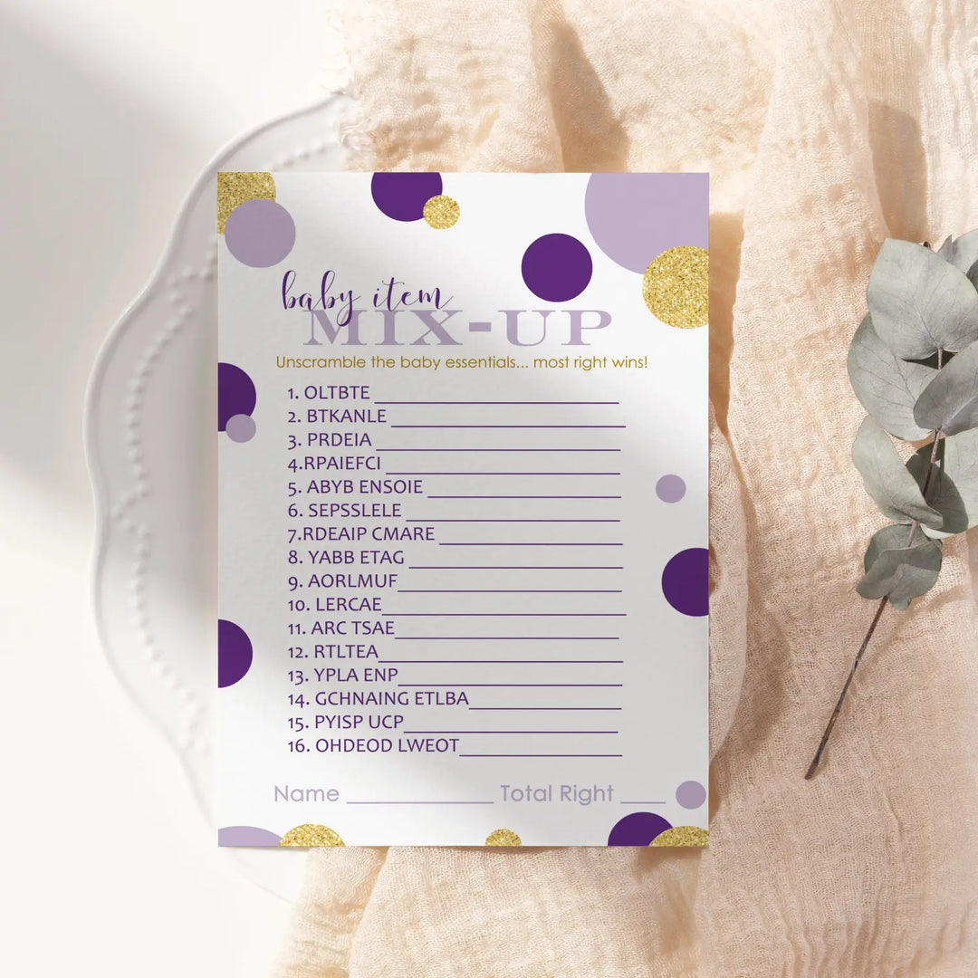 Purple and Gold Baby Shower Games for Girls - Word Scramble Gender Reveal Activities, Prince or Princess Themes, 25 Cards