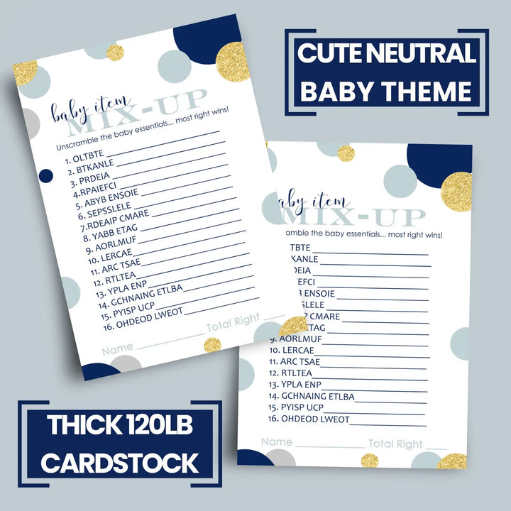 Navy & Gold Baby Shower Games Boy - Word Scramble Cards, Fun Gender Reveal Ideas, Royal Prince Themes, 25 Pack