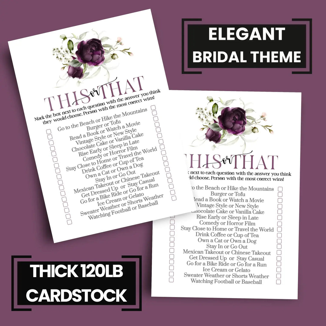 Purple Passion Bridal Shower Games - Would She Rather Bridal Shower Game, Fun This or That for Graduation Party, Rehearsal Dinner, Birthday Girl, Modern Floral Design, 25 Card Pack